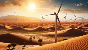 Windmills in a desert landscape.